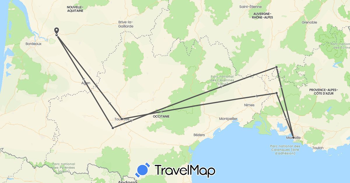 TravelMap itinerary: driving, motorbike in France (Europe)
